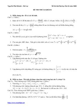 Ðề thi thử Đại học lần 04 năm 2008 môn Toán khối B